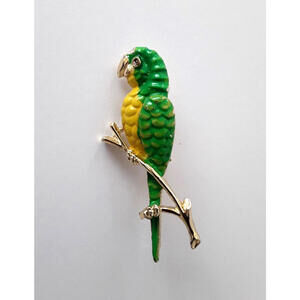 Vintage Parrot On Branch Enamel Brooch Pin 2'' Inches